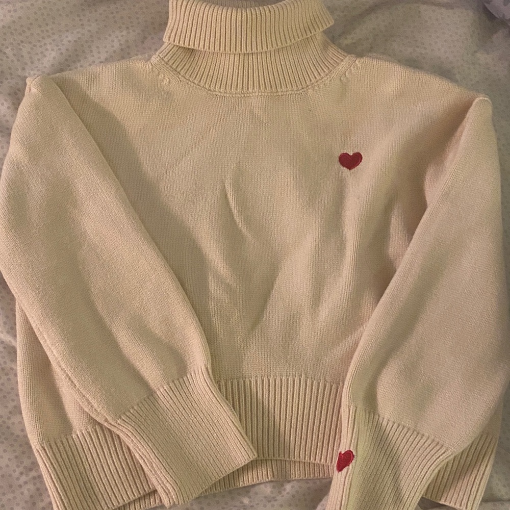 Cream Turtleneck Sweater with Red Heart